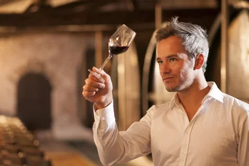 Fotobehang professional winemaker examining a glass of red wine in a tradit © jackfrog