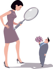 Woman looking at a man through a magnifying glass