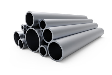 Fototapeta premium Pile of steel pipes isolated on white background.