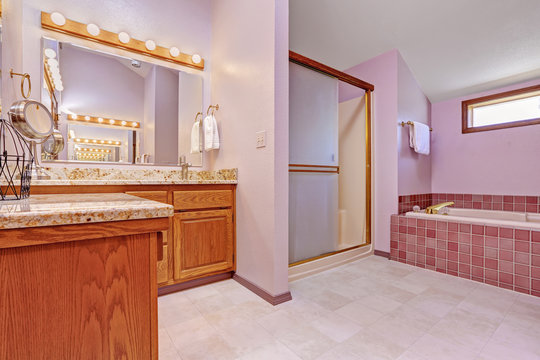 Bathroom interior in light pink tone
