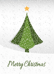 Merry Christmas card with graphic Christmas tree and snow
