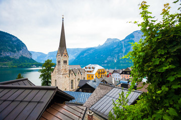 View of Hallstatt village with Christuskirche church bell tower