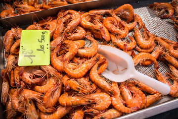 Prawns for sale in Trouville fish market in Normandy France