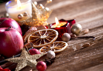 Tradition Christmas decorations on wooden background