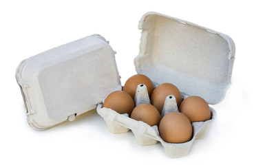 Egg cup with six eggs on white background