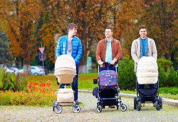 fathers walking with buggies in city park, parental leave