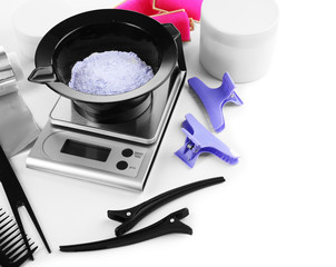 Hairdresser accessories for coloring hair, isolated on white