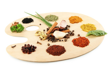 Painting palette with various spices and herbs, isolated