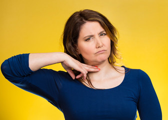 Headshot woman showing cut it out all nonsense gesture