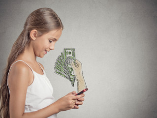 Girl working online on smartphone earning money dollars 