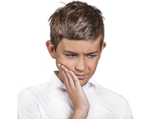 Headshot young man with sensitive tooth ache on white 