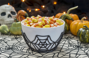 Bowl of candy corn in a Halloween theme