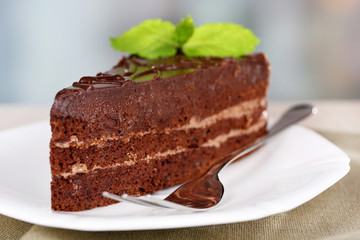 Piece of chocolate cake on plate on light background