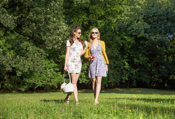 Fototapeta premium Two smiling women walking on the fresh meadow
