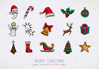 Colorful Vintage Christmas icons set
