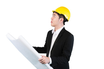 Asian engineer with paper plans isolate on white background with