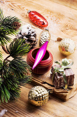 postcard with Christmas accessories in vintage style