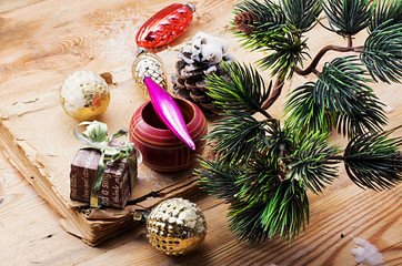 postcard with Christmas accessories in vintage style