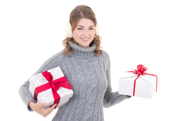 happy attractive woman in woolen sweater and muffs with presents