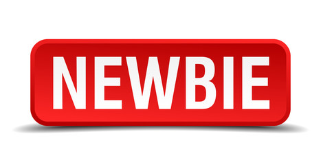 Newbie red 3d square button isolated on white