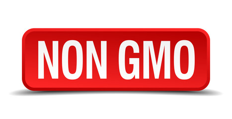 Non gmo red 3d square button isolated on white