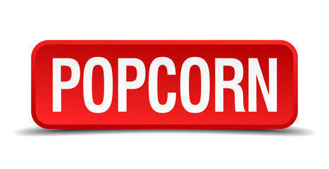 Popcorn red 3d square button isolated on white