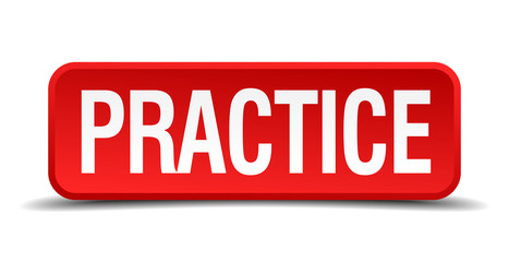 Practice red 3d square button isolated on white