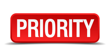 Priority red 3d square button isolated on white