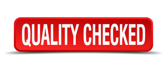 quality checked red 3d square button isolated on white