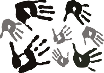 eight grey hand prints isolated on white