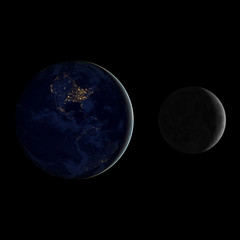 Earth and Moon on a black starless background.