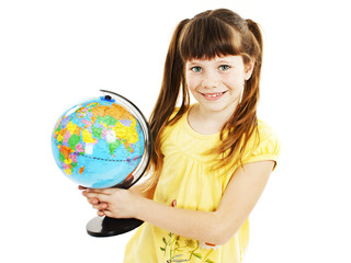 Globe on child hands. Isolated on white background