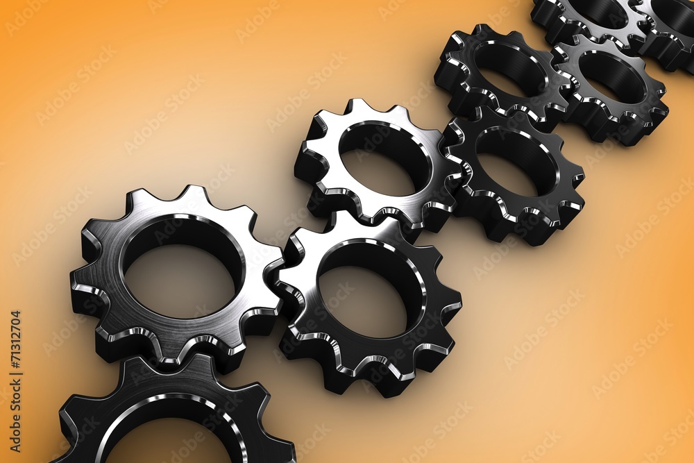 Poster Composite image of metal cogs and wheels connecting