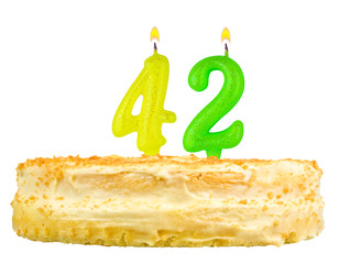 birthday cake with candles number forty two isolated on white