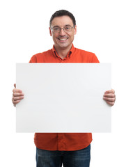 Happy young man showing and displaying placard