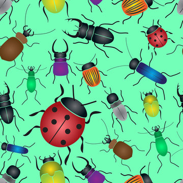 color bugs and beetles green seamless pattern eps10