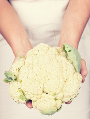 Elderly hands holding organic fresh cauliflower with retro style