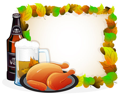 Beer and fried chicken with autumn leaves