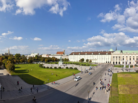 Panorama view at Volksgarten park and the Heldenplatz in Vienna
