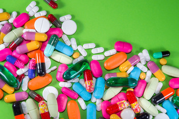 Close up of many colorful pills (medicines)