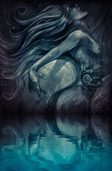 Nude mermaid illustration in blue colors with shine effects over