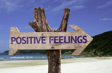 Positive Feelings wooden sign with a beach on background