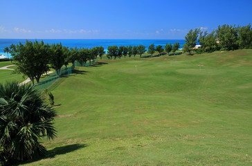 A view of the holes on a tropical driving range