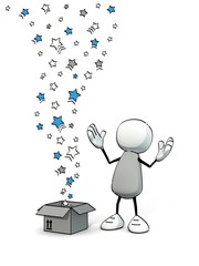 little sketchy man with magic surprise box with stars