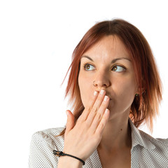 Girl doing surprise gesture over white background