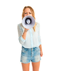 Fototapeta premium Girl shouting over isolated white background