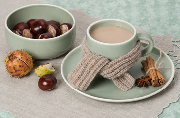 Autumn Concept. Cup Of Hot Coffee, Cocoa or Tea With Milk And Sp