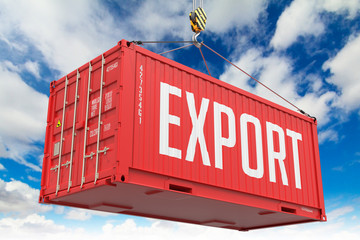 Export - Red Hanging Cargo Container. - obrazy, fototapety, plakaty