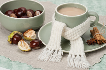 Autumn Concept. Cup Of Hot Coffee, Cocoa or Tea With Milk And Sp