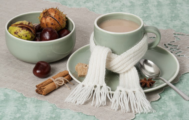 Autumn Concept. Cup Of Hot Coffee, Cocoa or Tea With Milk And Sp